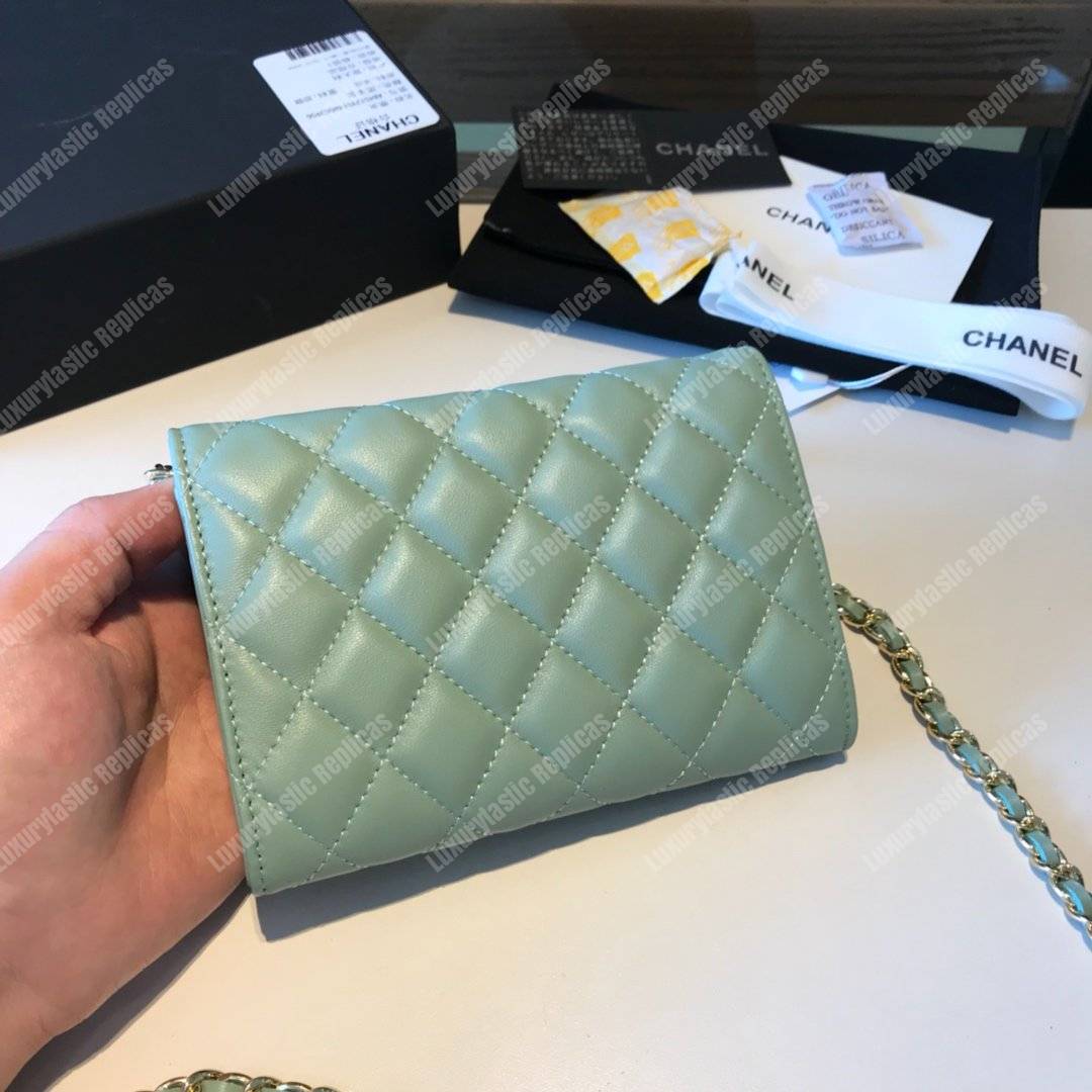 Ch*el classic clutch with chain – cwc lambskin seafoam green silver-toned