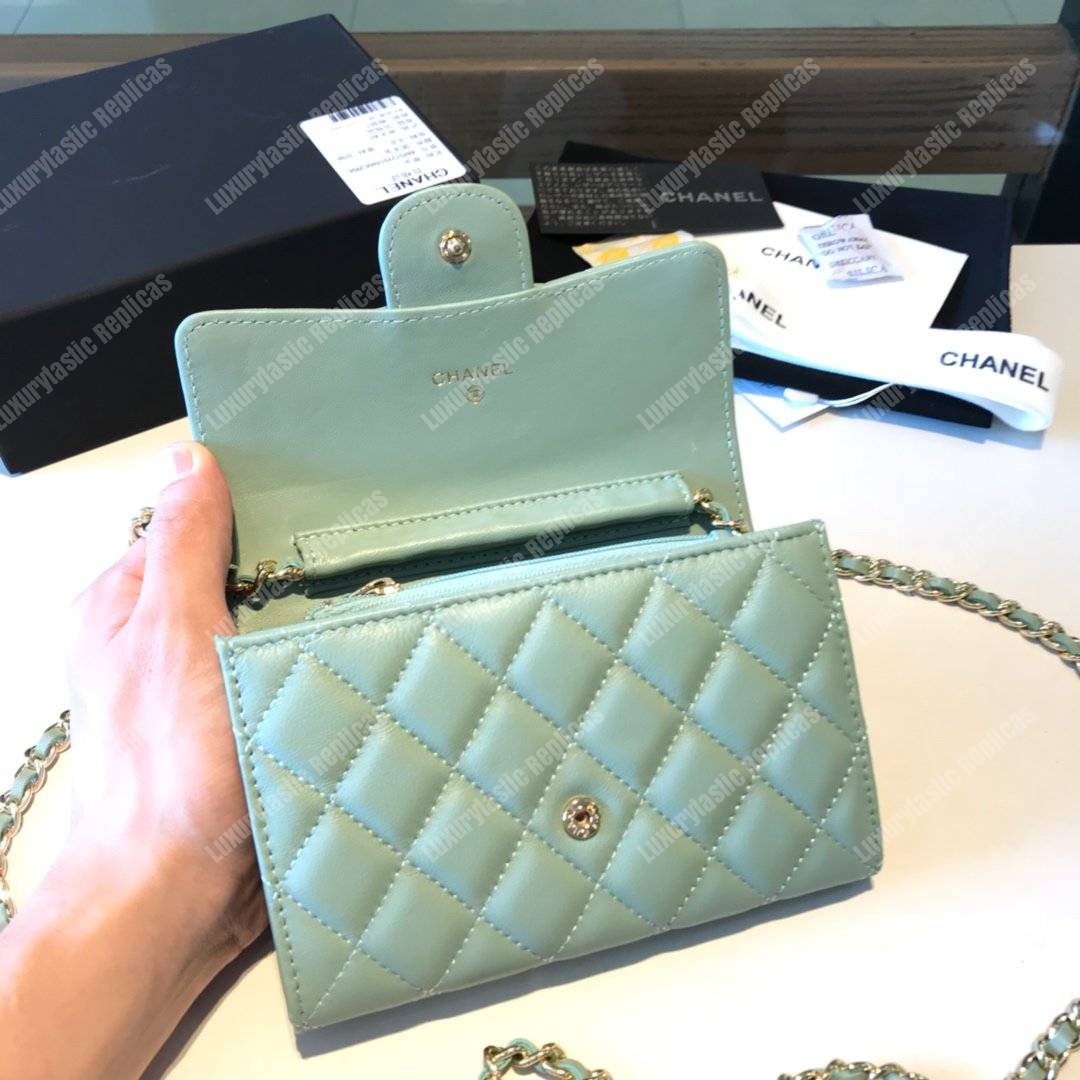 Ch*el classic clutch with chain – cwc lambskin seafoam green silver-toned