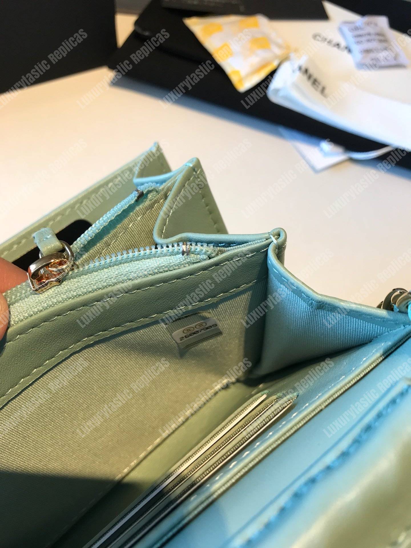 Ch*el classic clutch with chain – cwc lambskin seafoam green silver-toned