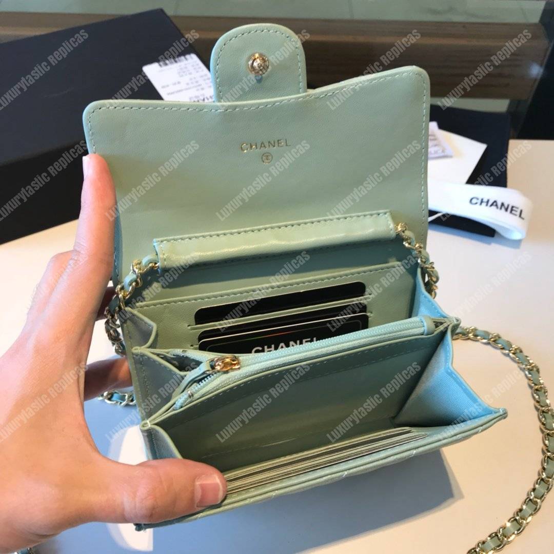 Ch*el classic clutch with chain – cwc lambskin seafoam green silver-toned