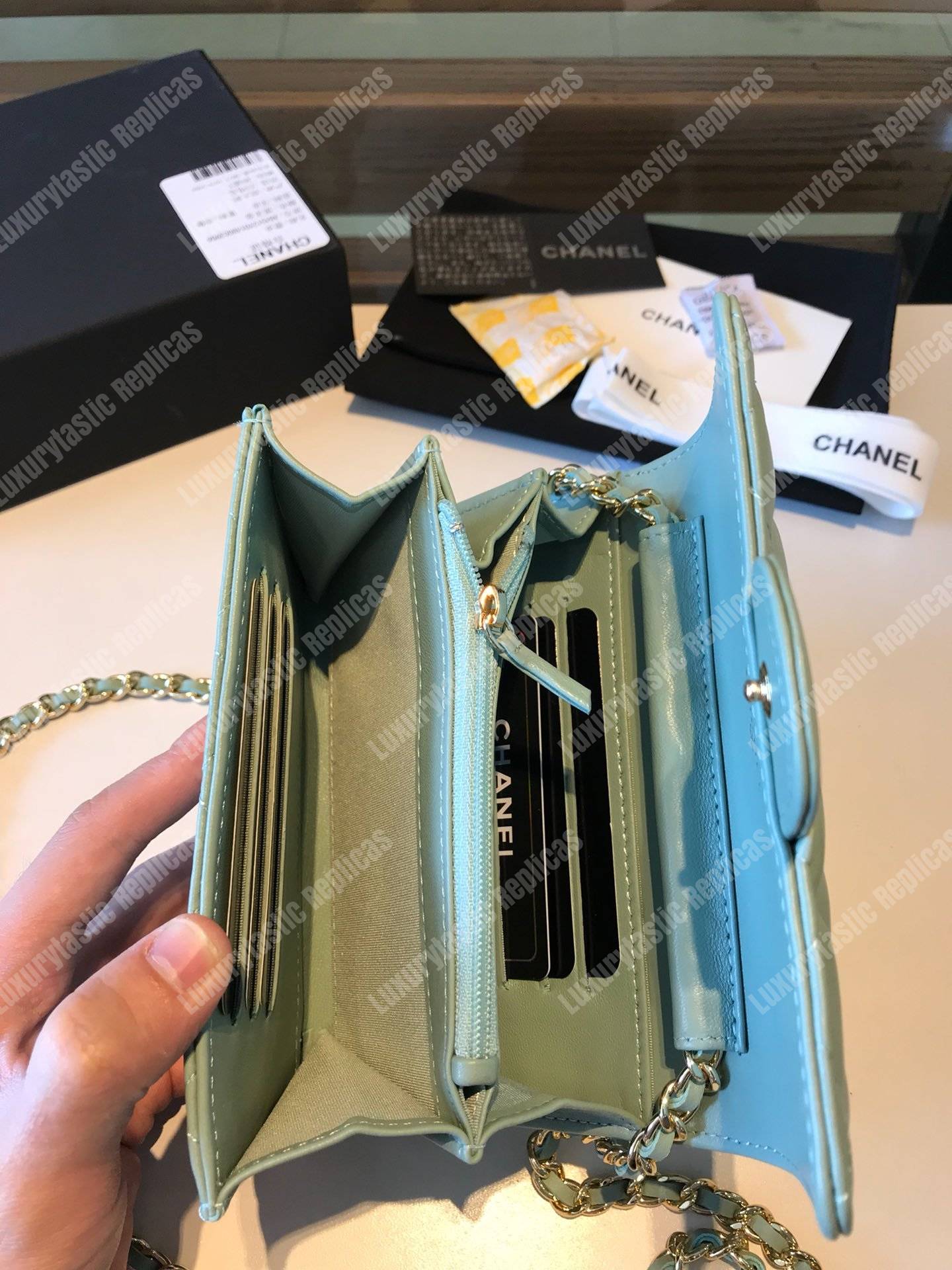 Ch*el classic clutch with chain – cwc lambskin seafoam green silver-toned