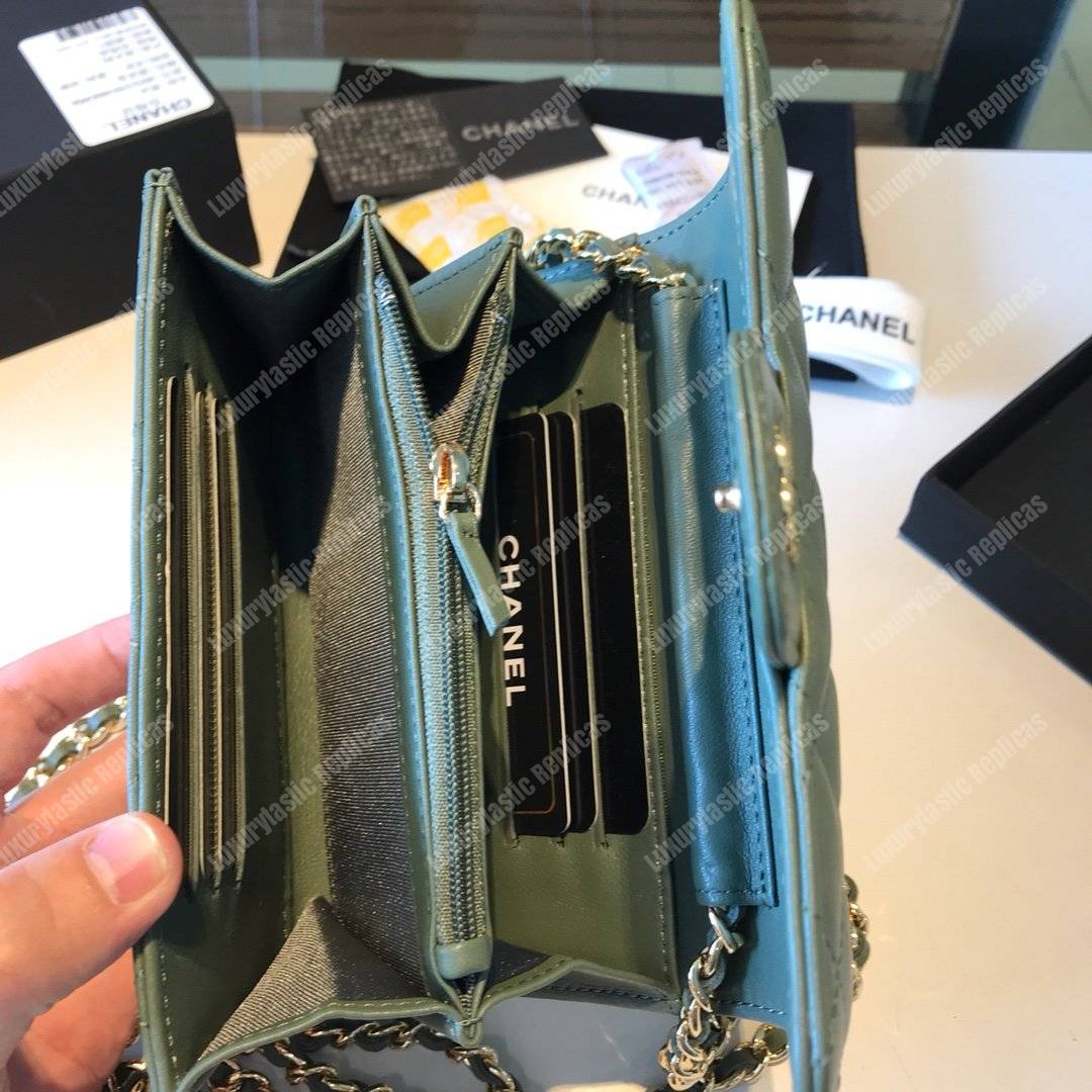 Ch*el classic clutch with chain – cwc lambskin pistachio silver-toned