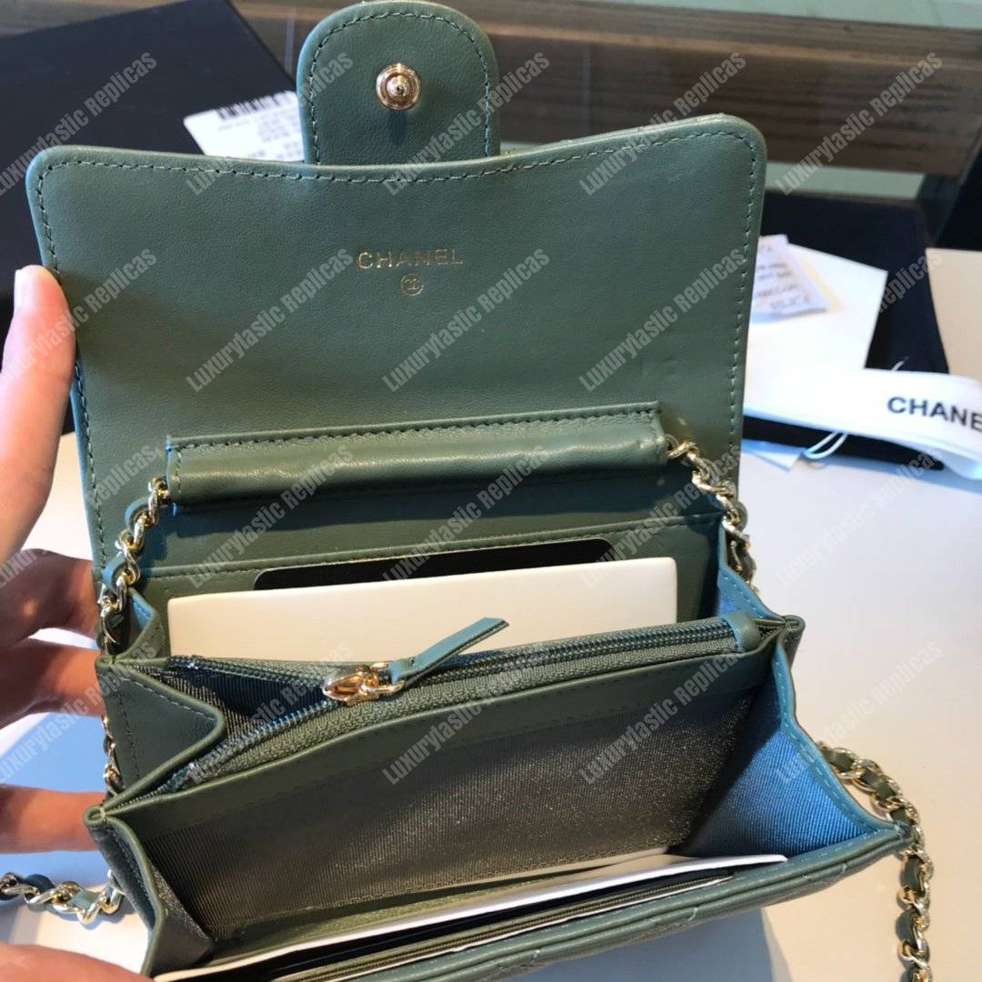 Ch*el classic clutch with chain – cwc lambskin pistachio silver-toned