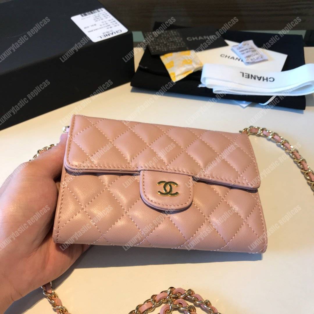 Ch*el classic clutch with chain – cwc lambskin light pink silver-toned