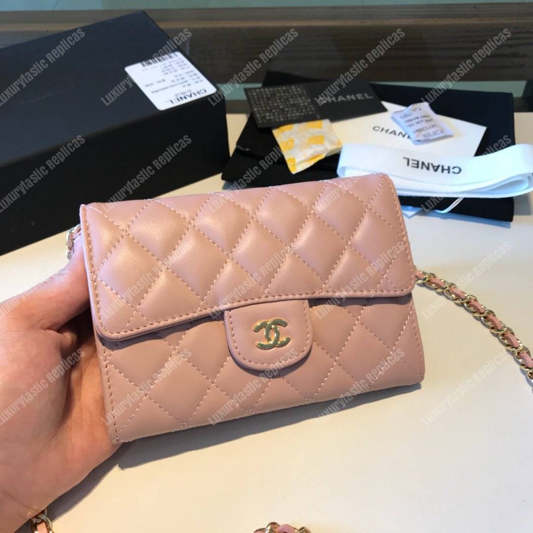 Ch*el classic clutch with chain – cwc lambskin light pink silver-toned