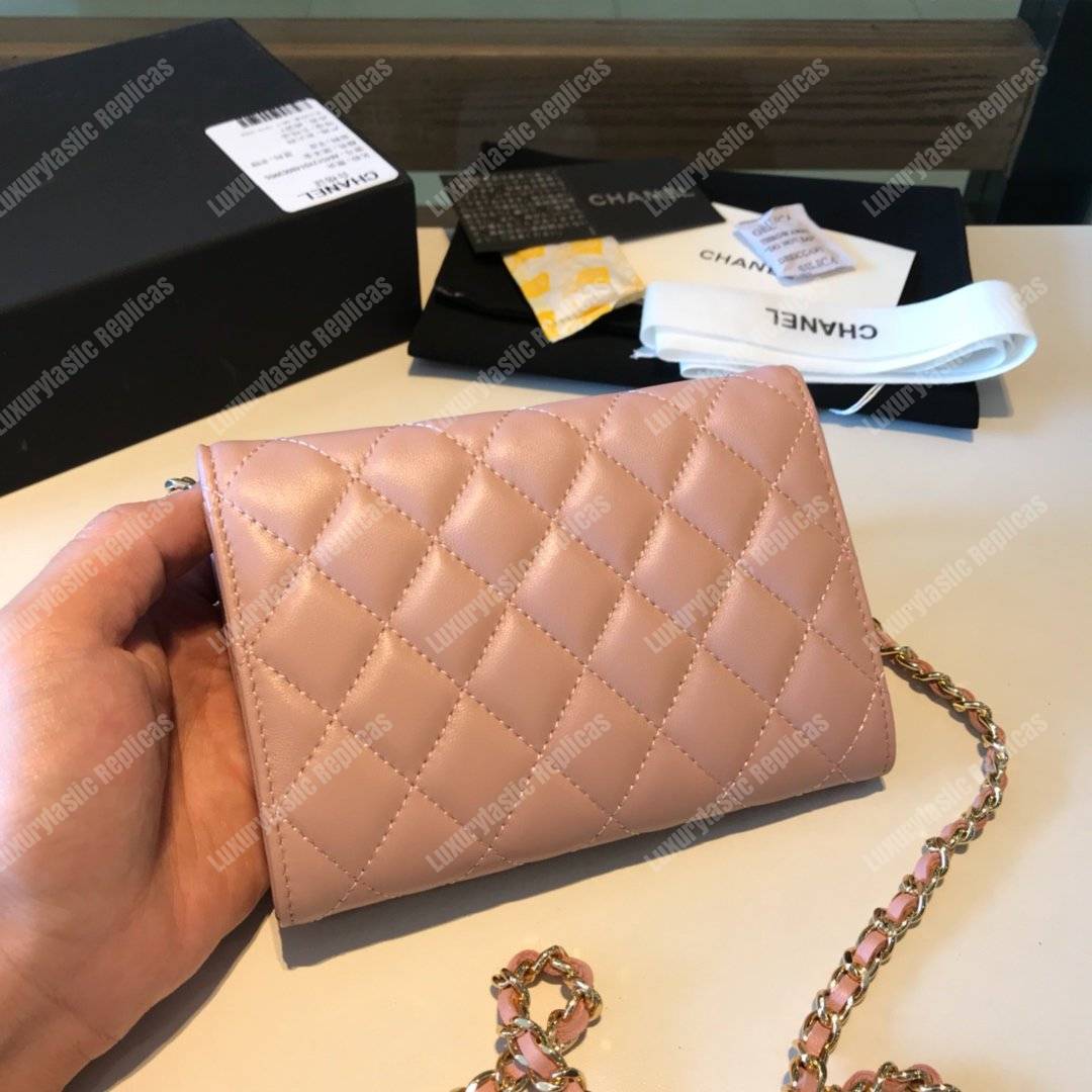 Ch*el classic clutch with chain – cwc lambskin light pink silver-toned