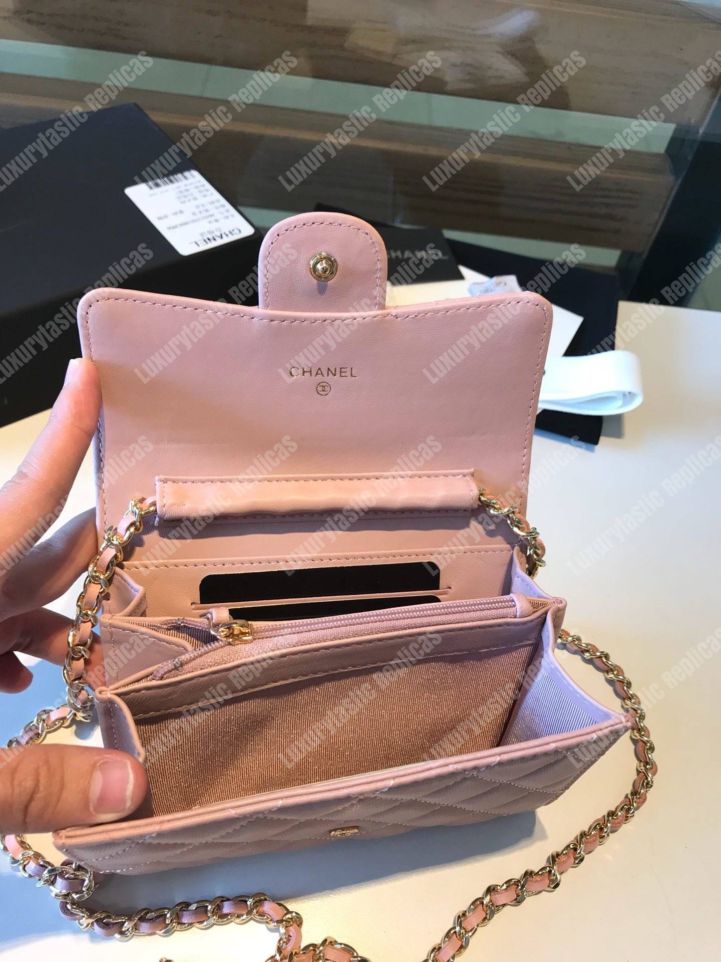 Ch*el classic clutch with chain – cwc lambskin light pink silver-toned