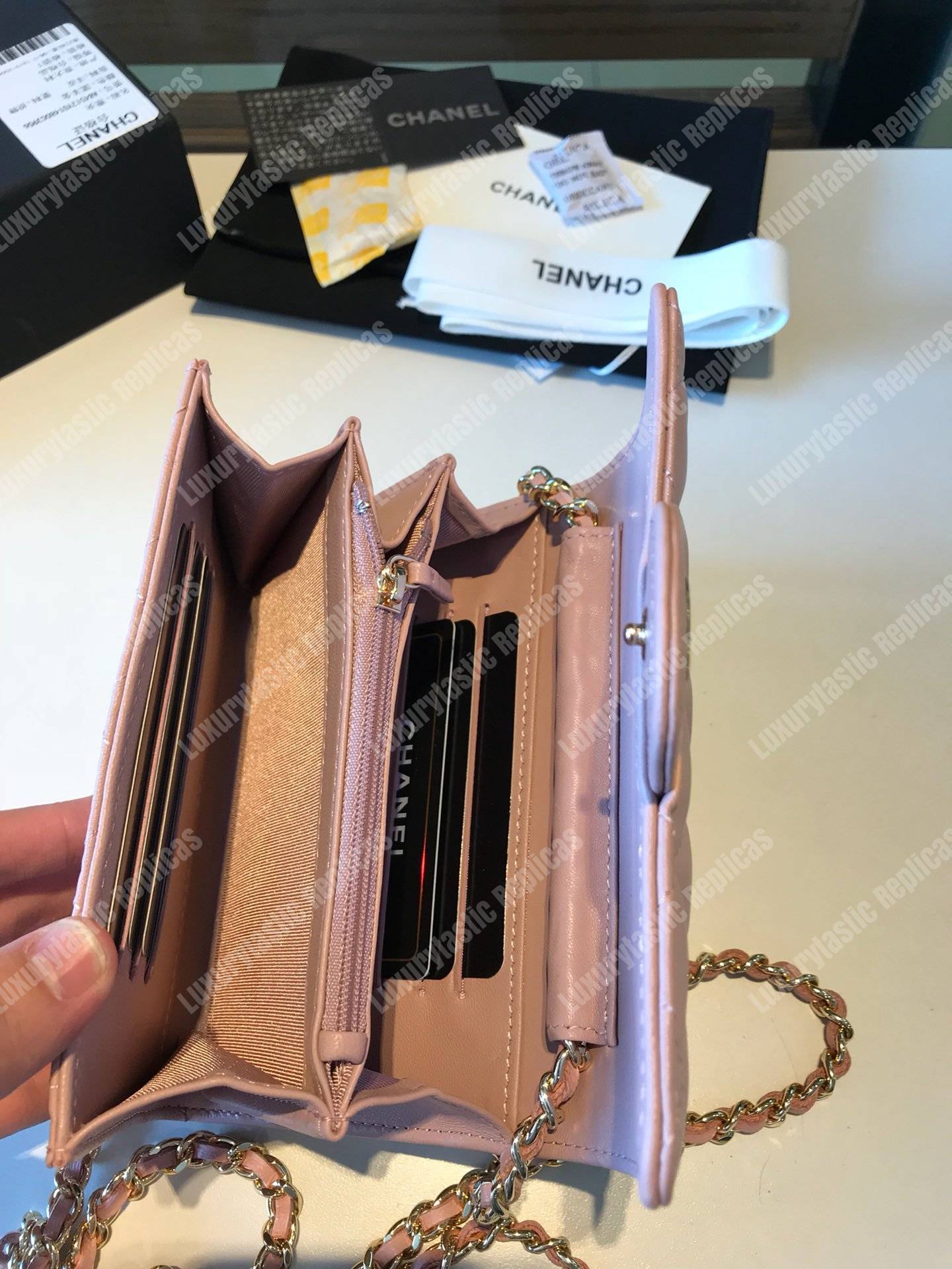 Ch*el classic clutch with chain – cwc lambskin light pink silver-toned