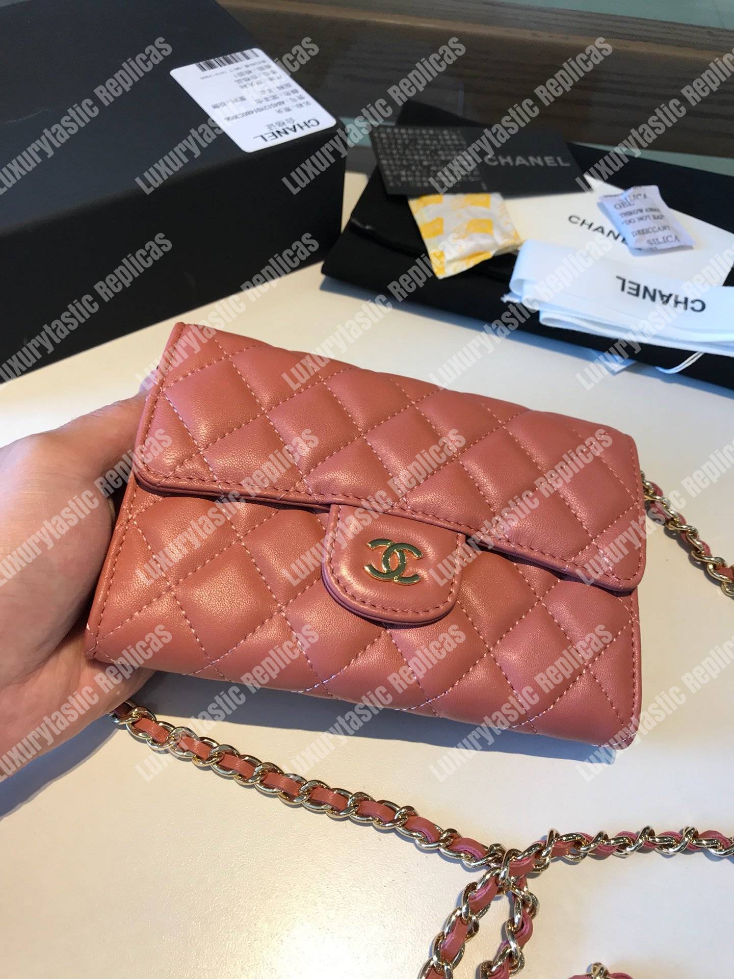 Ch*el classic clutch with chain – cwc lambskin peach silver-toned