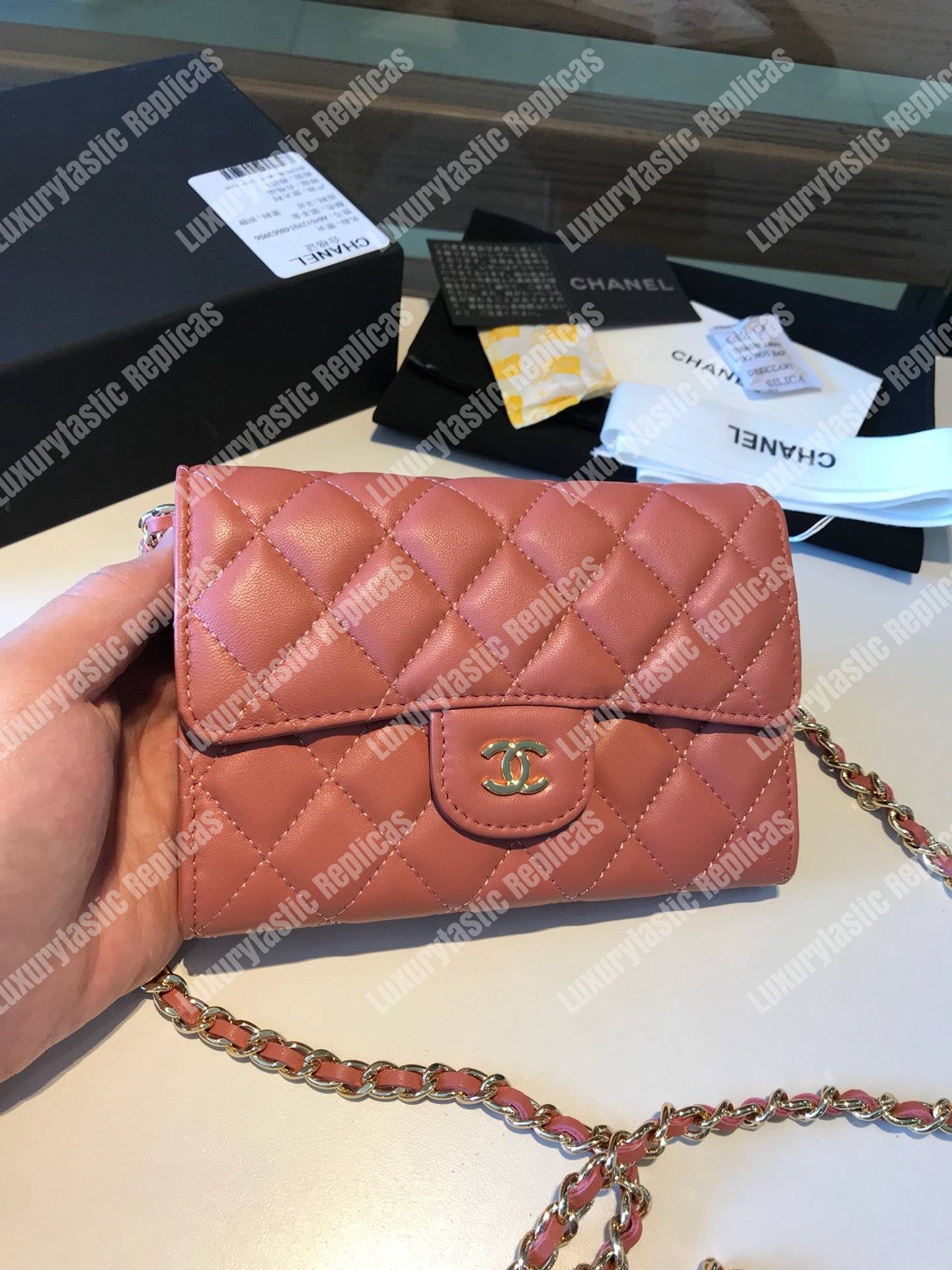 Ch*el classic clutch with chain – cwc lambskin peach silver-toned