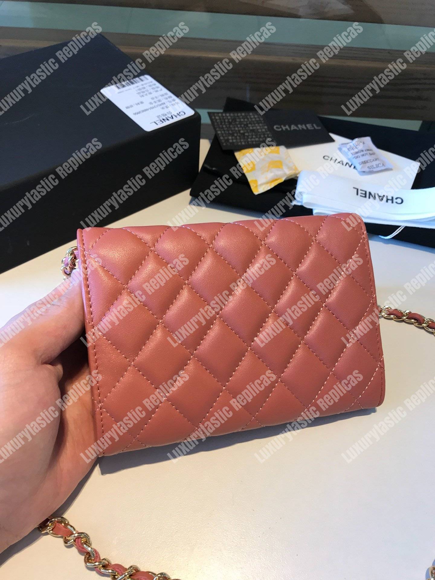 Ch*el classic clutch with chain – cwc lambskin peach silver-toned