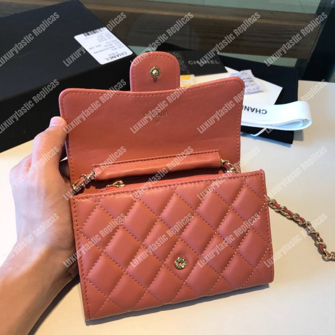 Ch*el classic clutch with chain – cwc lambskin peach silver-toned