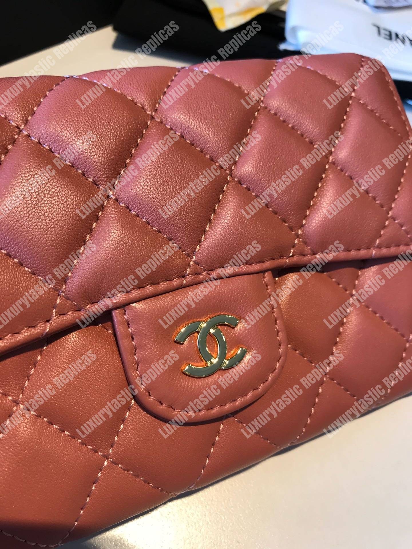 Ch*el classic clutch with chain – cwc lambskin peach silver-toned