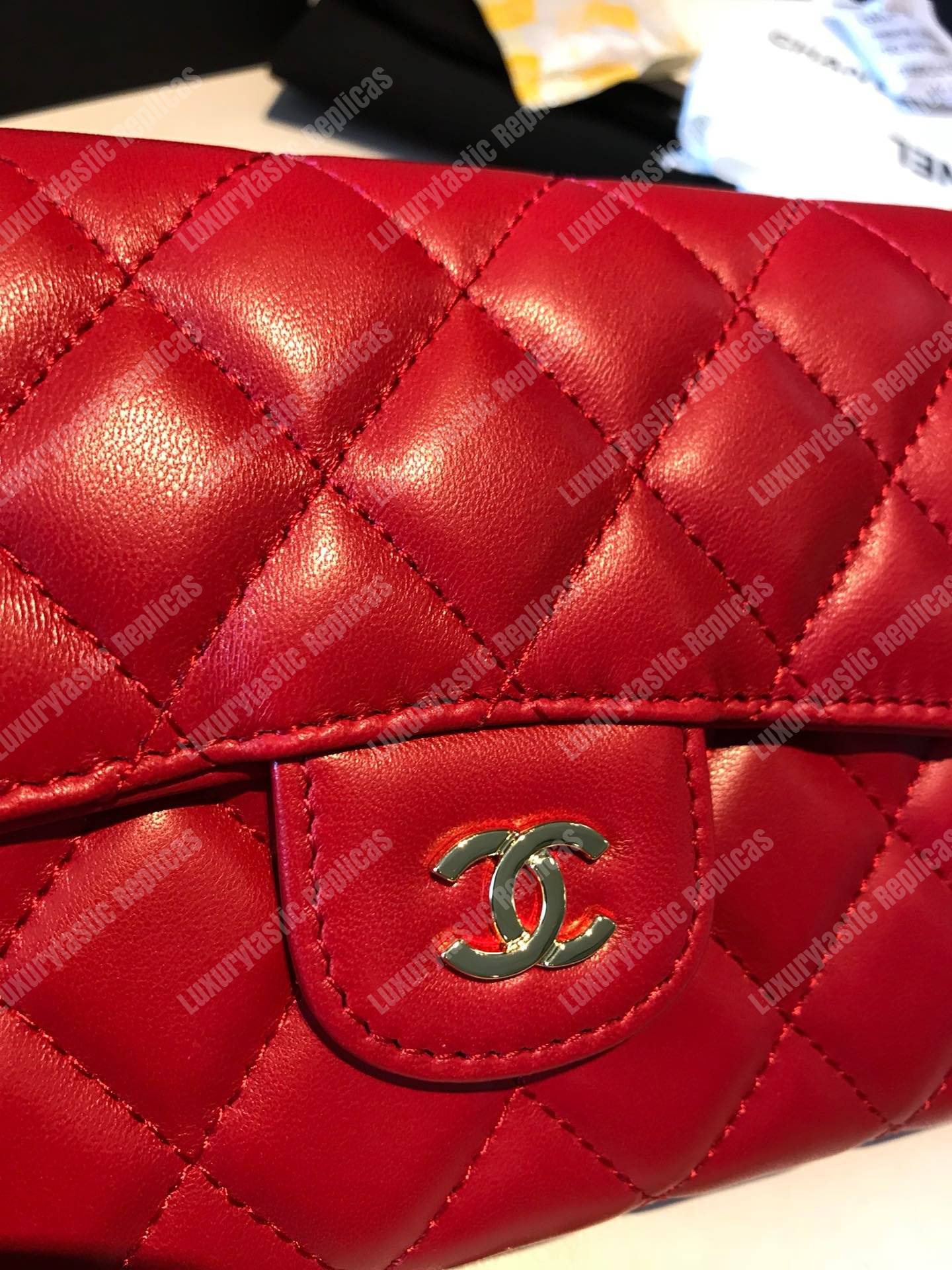 Ch*el classic clutch with chain – cwc lambskin red silver-toned