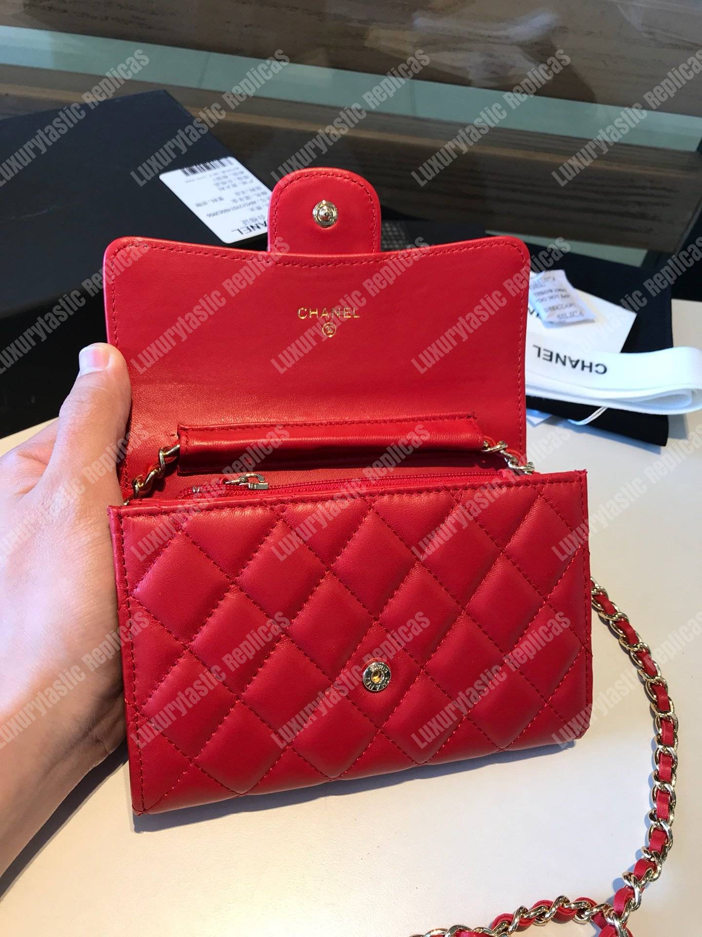 Ch*el classic clutch with chain – cwc lambskin red silver-toned