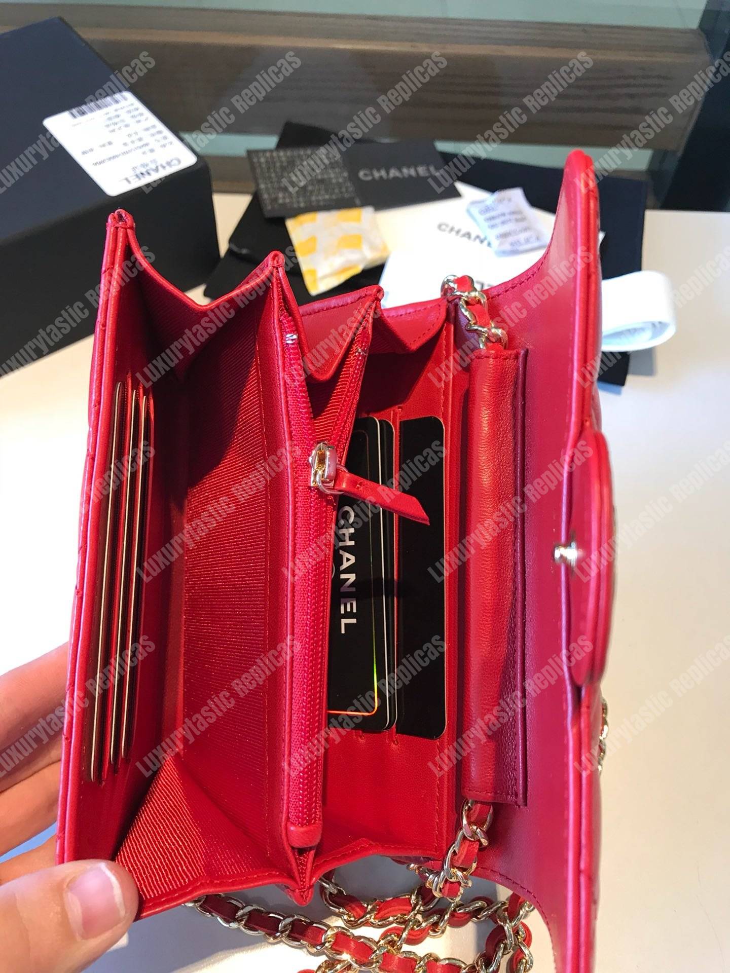 Ch*el classic clutch with chain – cwc lambskin red silver-toned