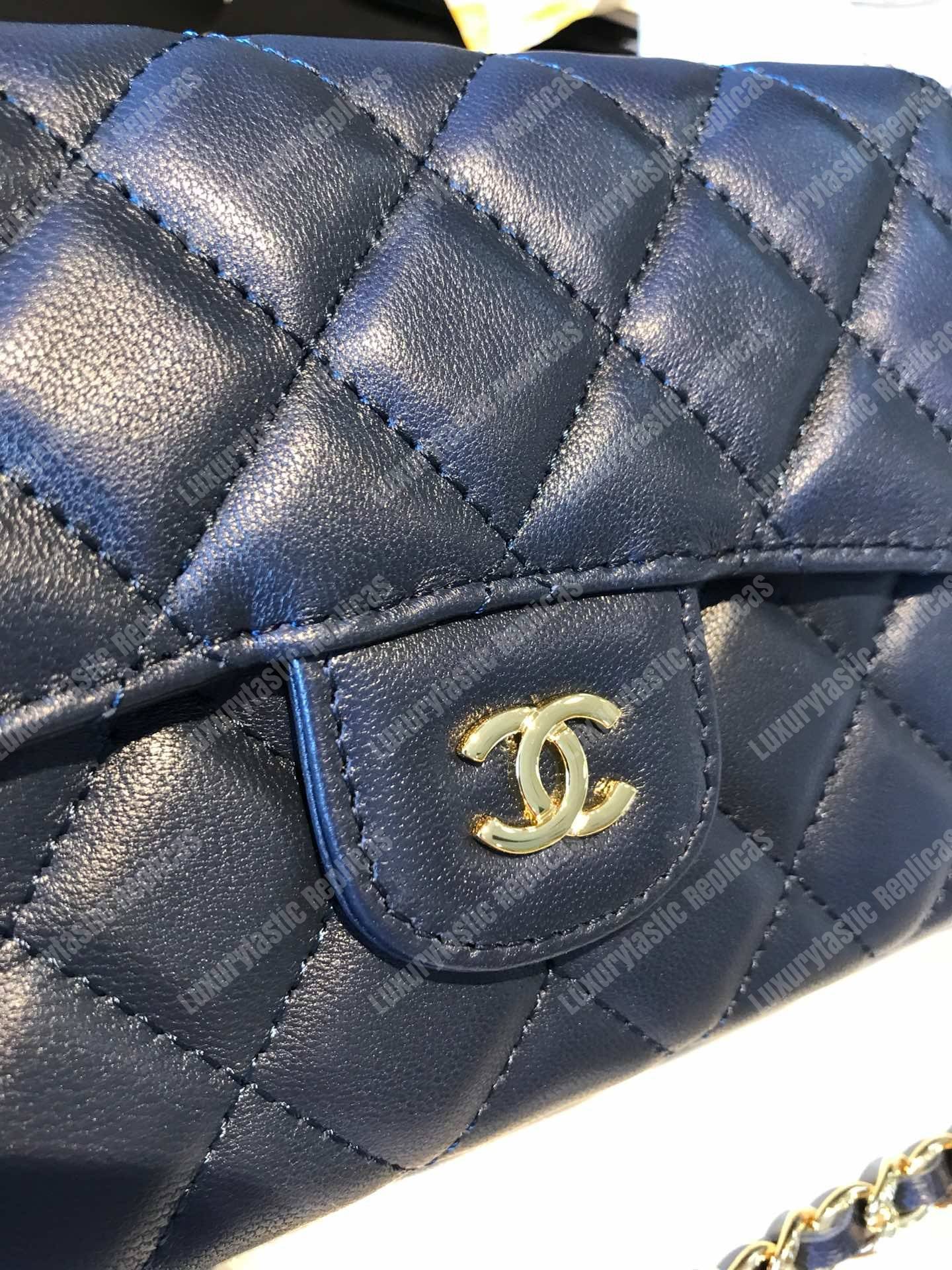 Ch*el classic clutch with chain – cwc lambskin blue silver-toned