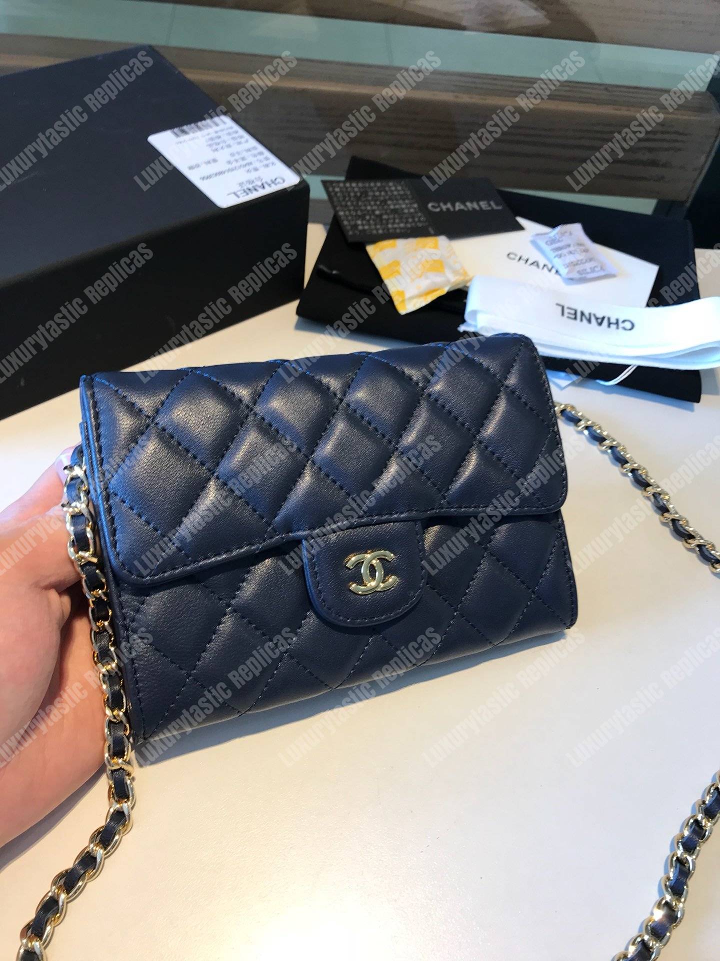 Ch*el classic clutch with chain – cwc lambskin blue silver-toned