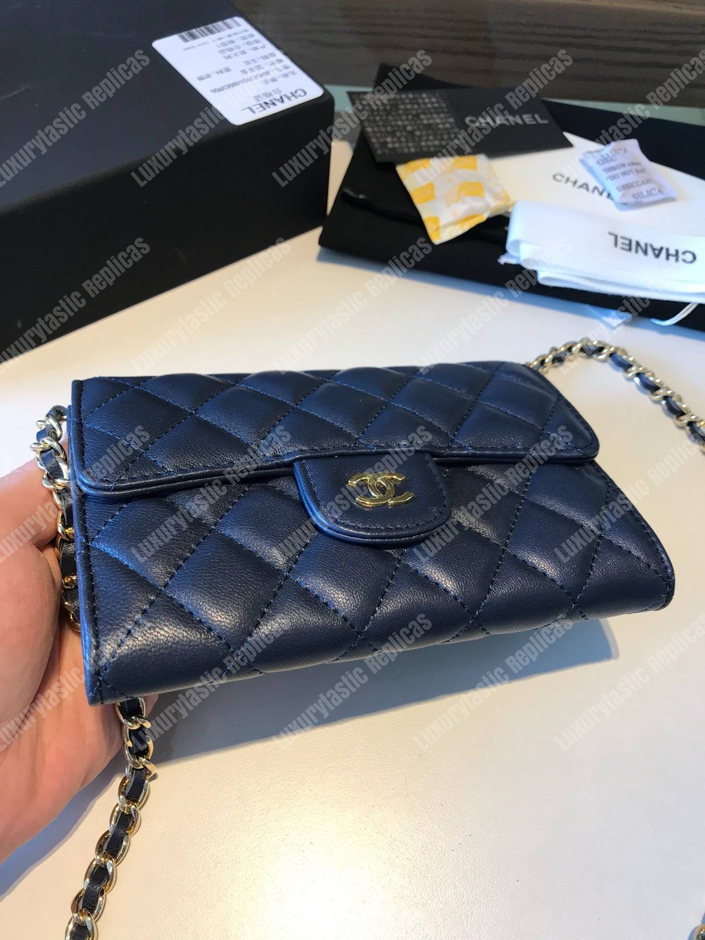 Ch*el classic clutch with chain – cwc lambskin blue silver-toned