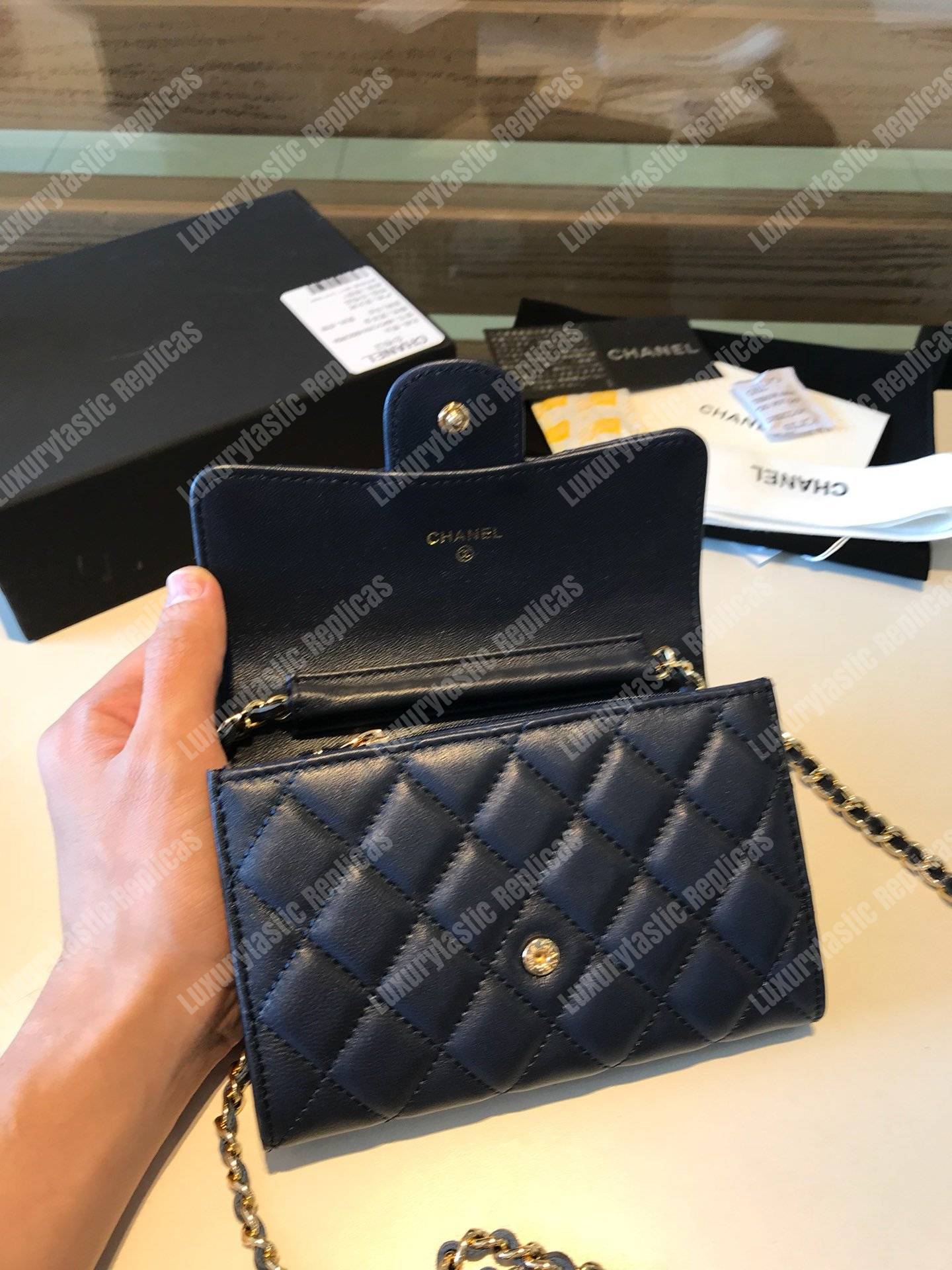 Ch*el classic clutch with chain – cwc lambskin blue silver-toned