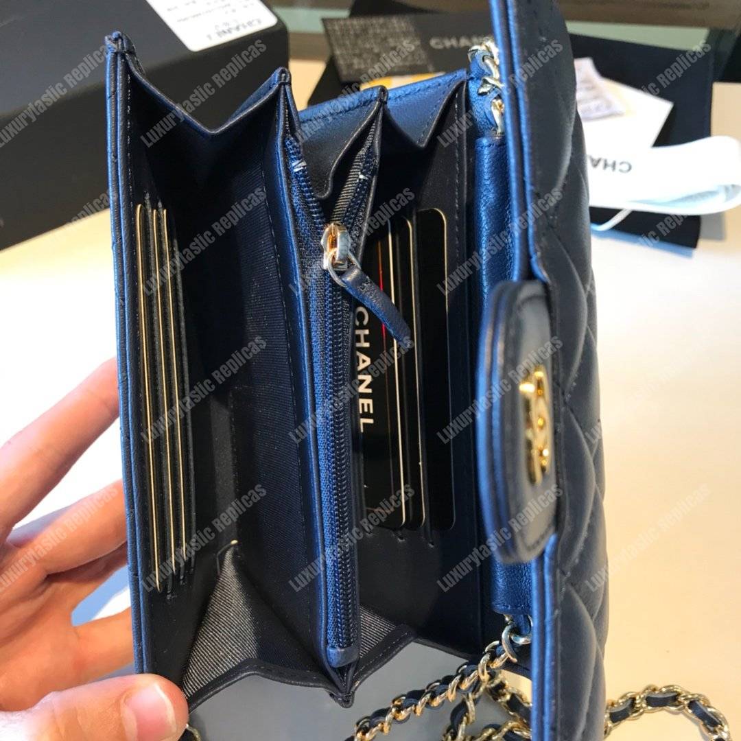 Ch*el classic clutch with chain – cwc lambskin blue silver-toned