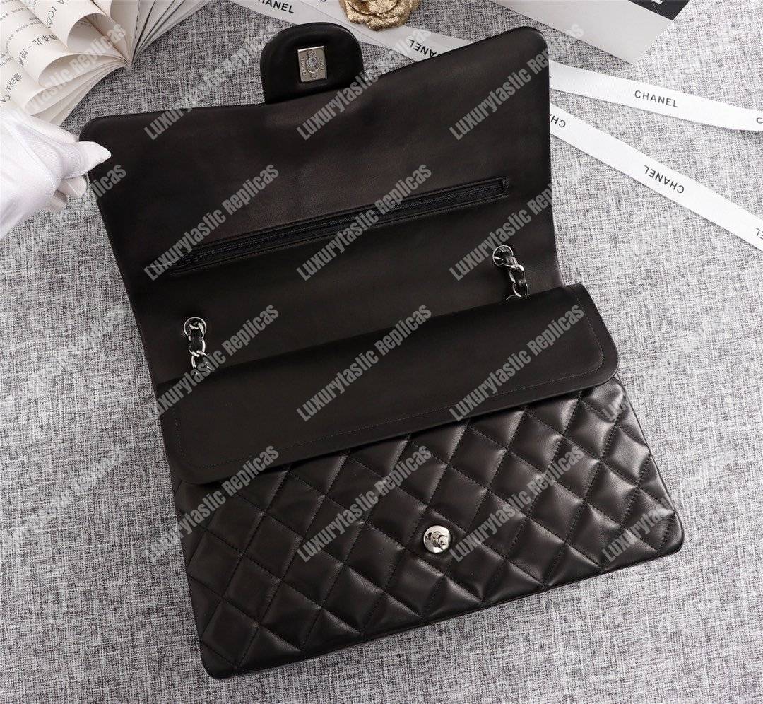 Ch*el classic flap maxi black lambskin-silver tone metal