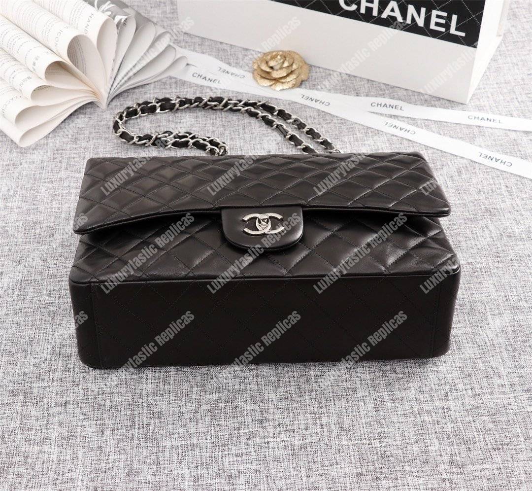 Ch*el classic flap maxi black lambskin-silver tone metal