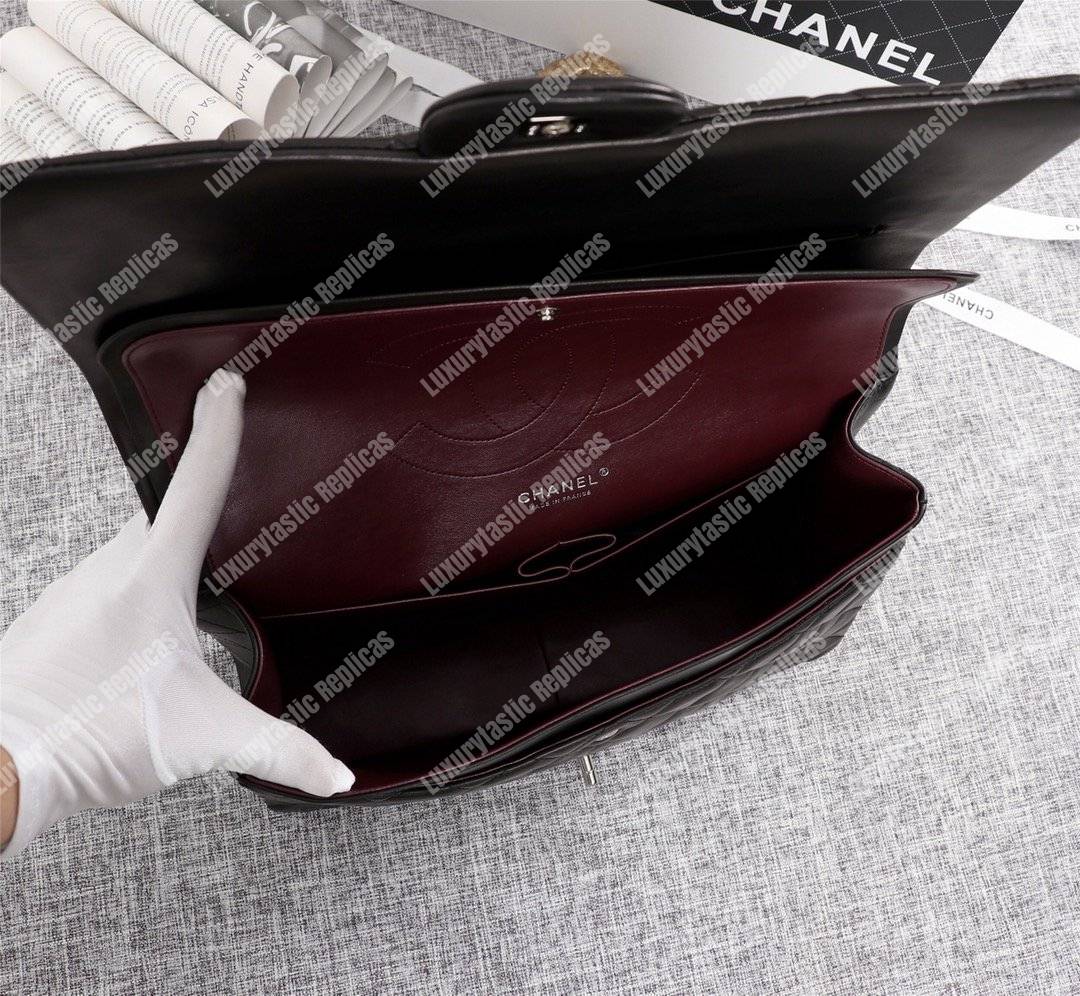 Ch*el classic flap maxi black lambskin-silver tone metal