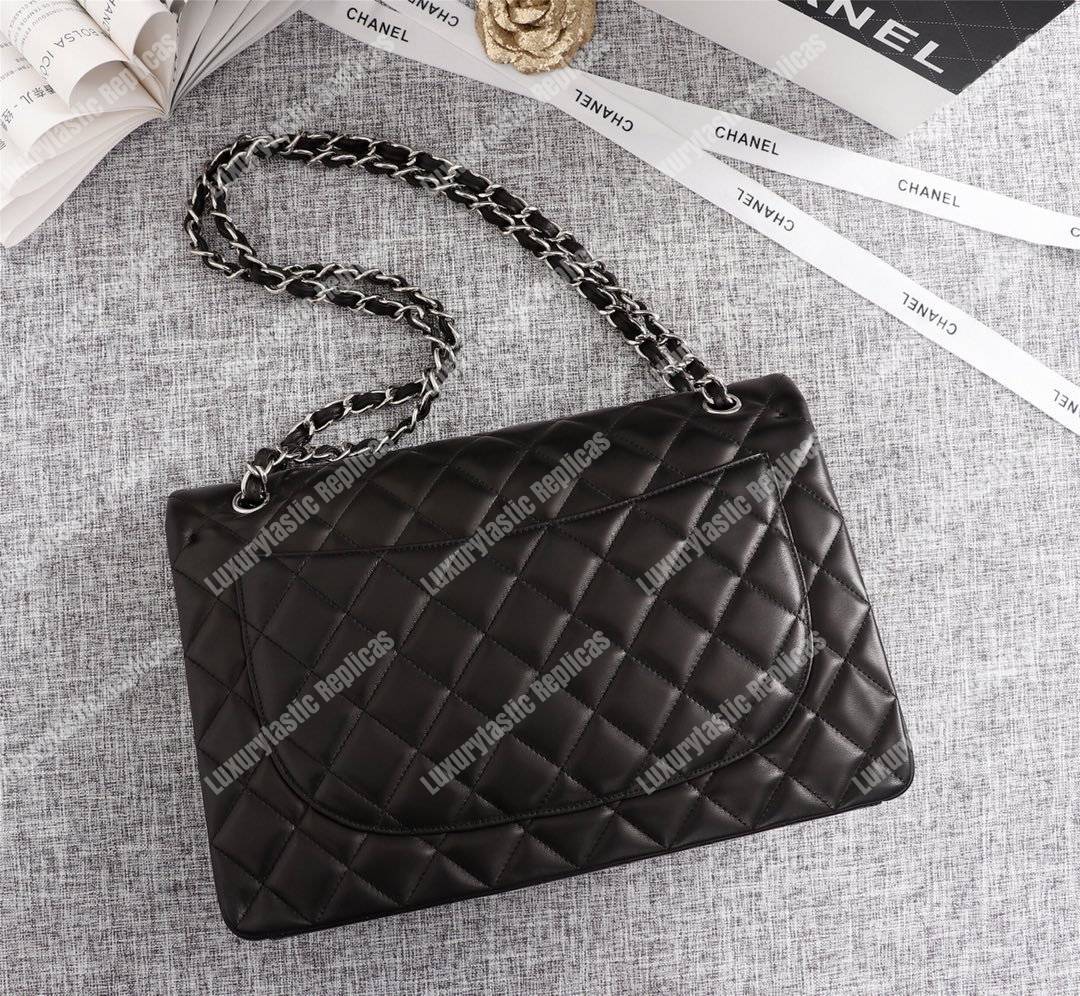 Ch*el classic flap maxi black lambskin-silver tone metal