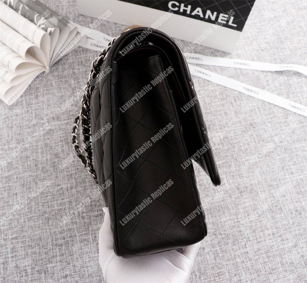 Ch*el classic flap maxi black lambskin-silver tone metal