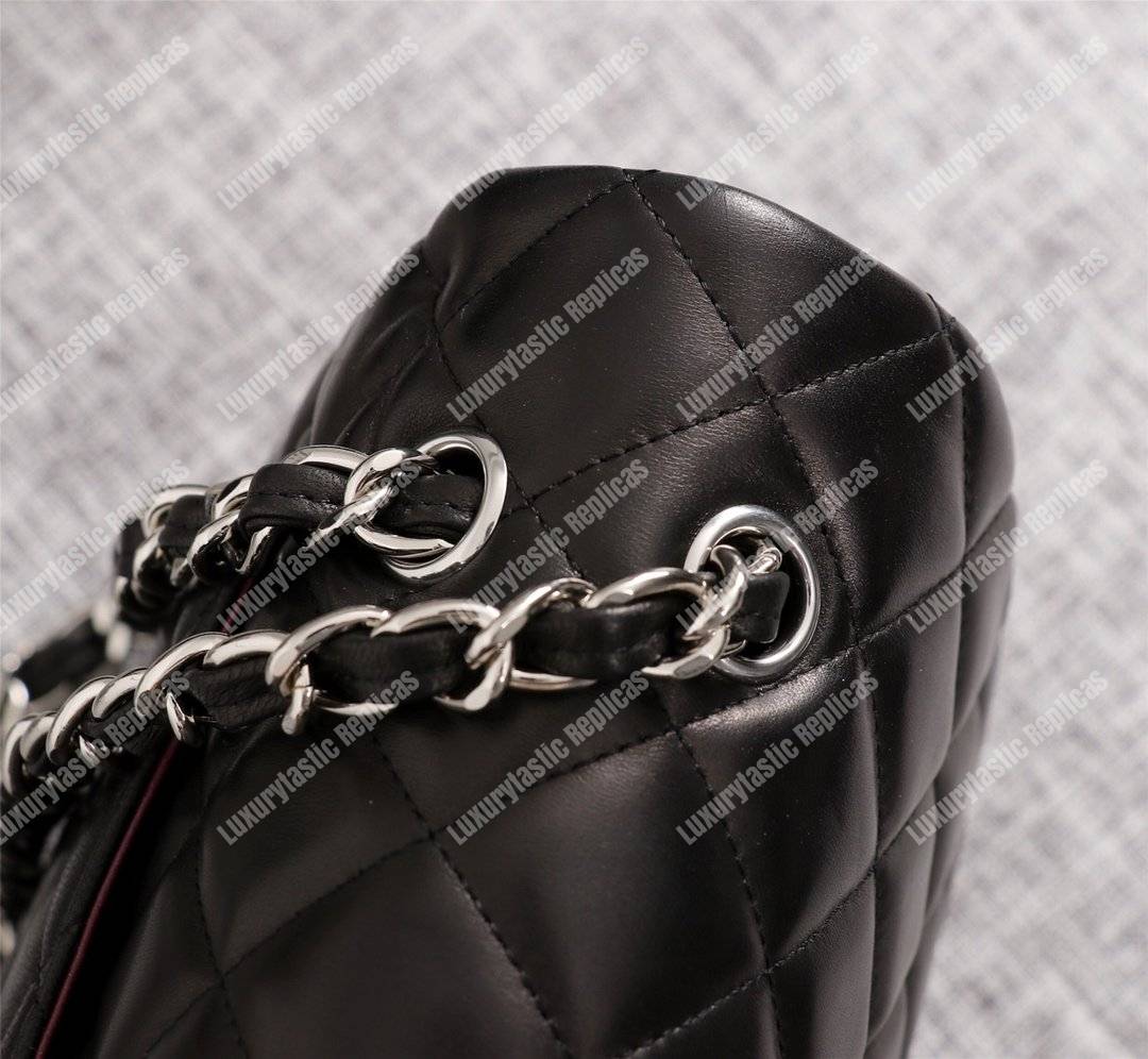 Ch*el classic flap maxi black lambskin-silver tone metal