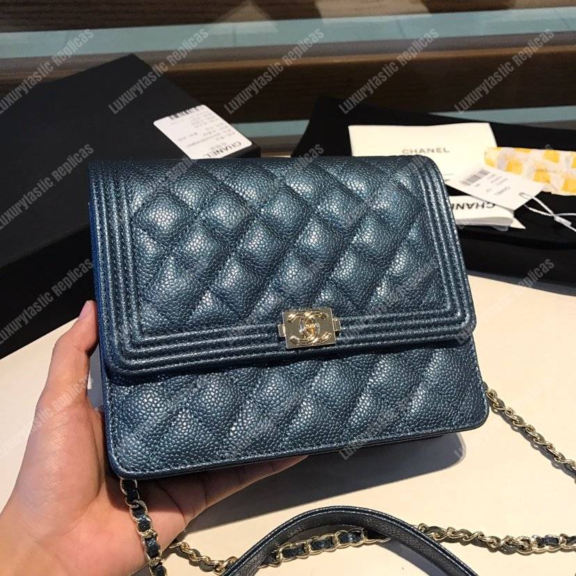 Ch*el boy square clutch with chain – cwc grained calfskin blue