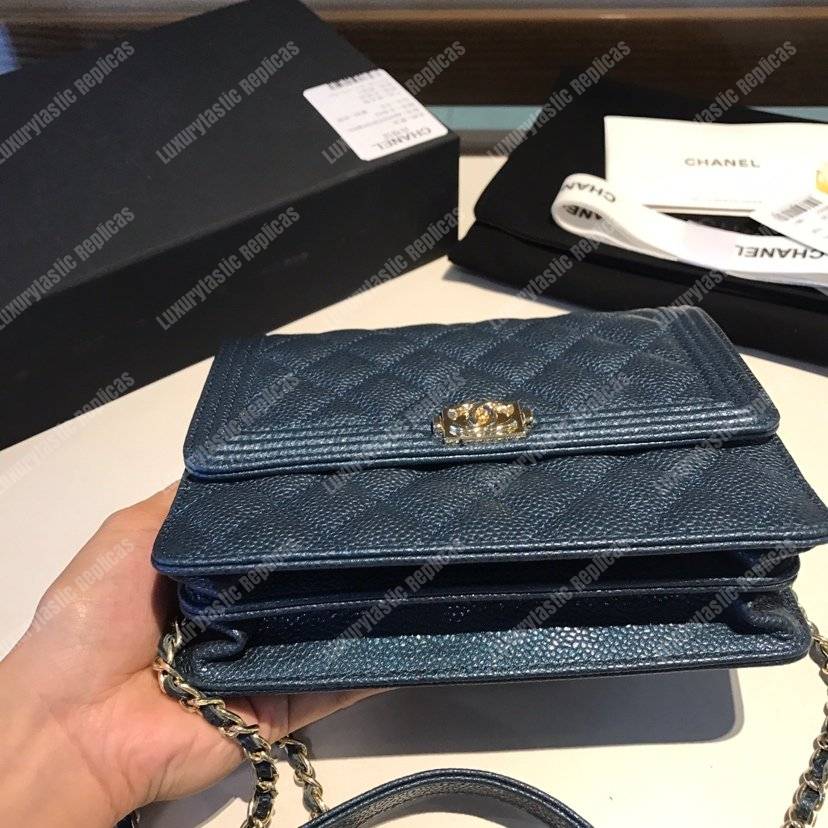 Ch*el boy square clutch with chain – cwc grained calfskin blue