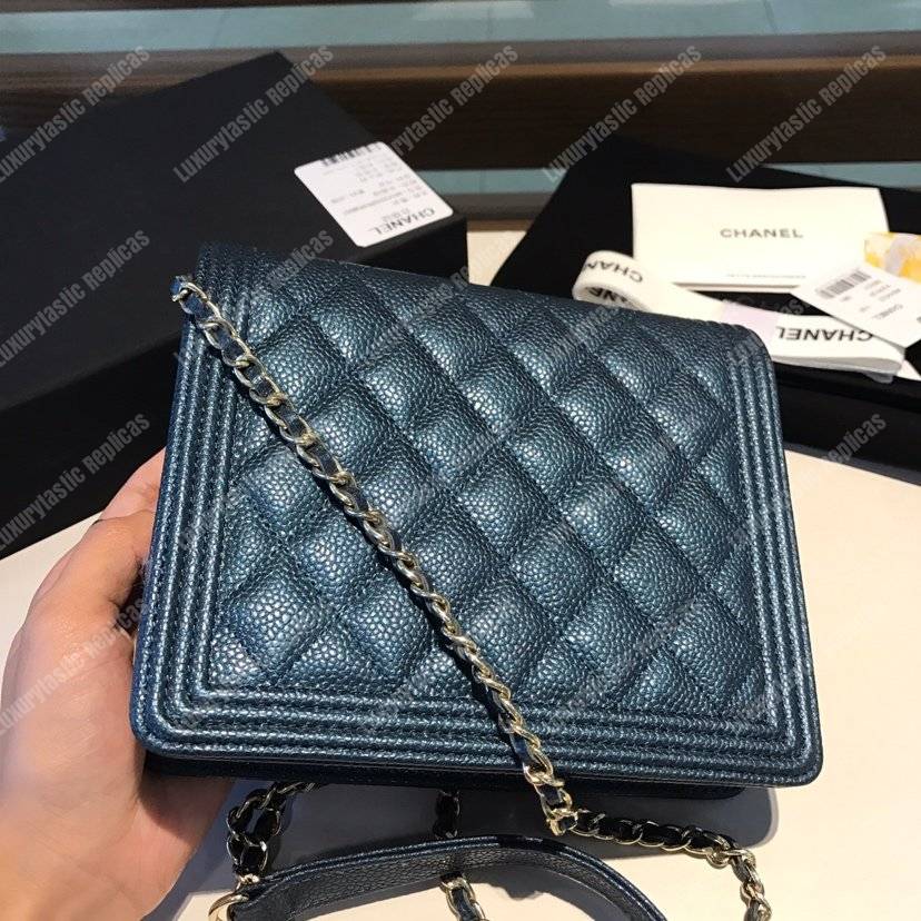 Ch*el boy square clutch with chain – cwc grained calfskin blue