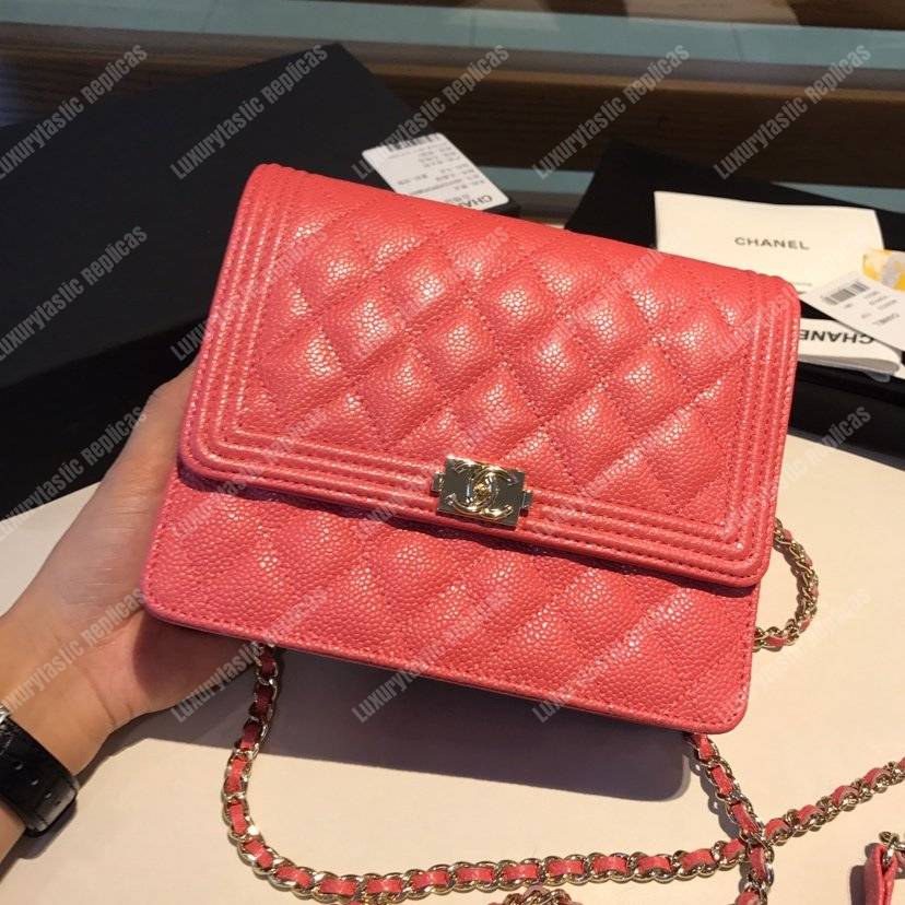 Ch*el boy square clutch with chain – cwc grained calfskin pink