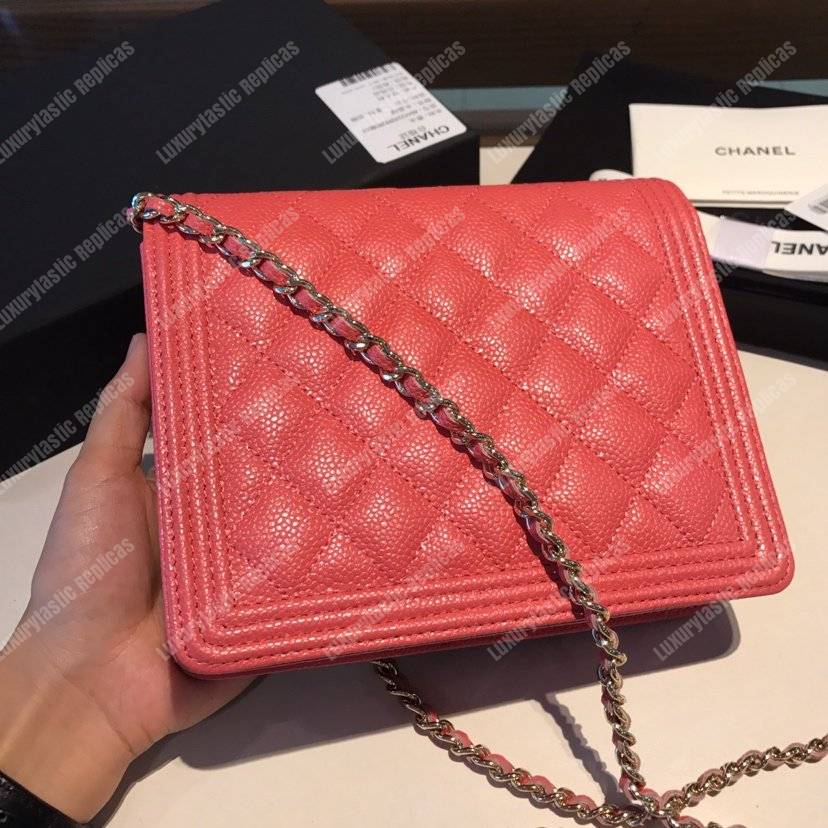 Ch*el boy square clutch with chain – cwc grained calfskin pink