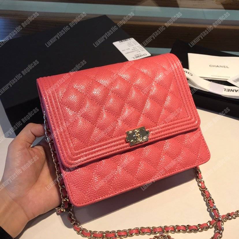 Ch*el boy square clutch with chain – cwc grained calfskin pink