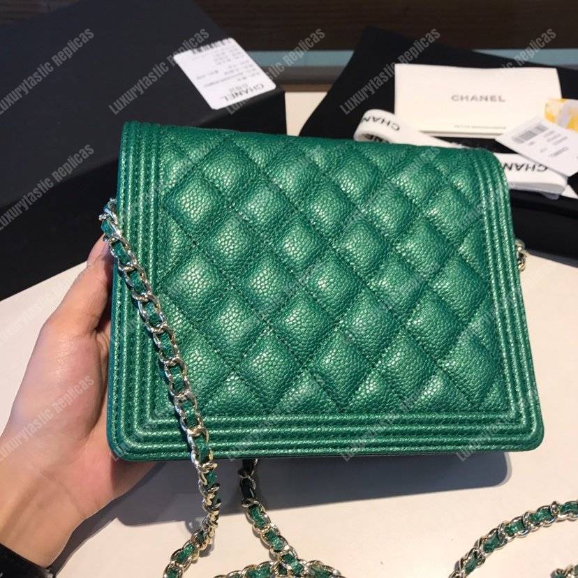 Ch*el boy square clutch with chain – cwc grained calfskin green