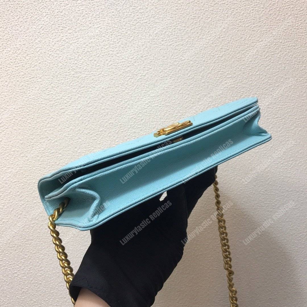 Ch*el le boy wallet on chain – woc grained calfskin gold-toned light blue