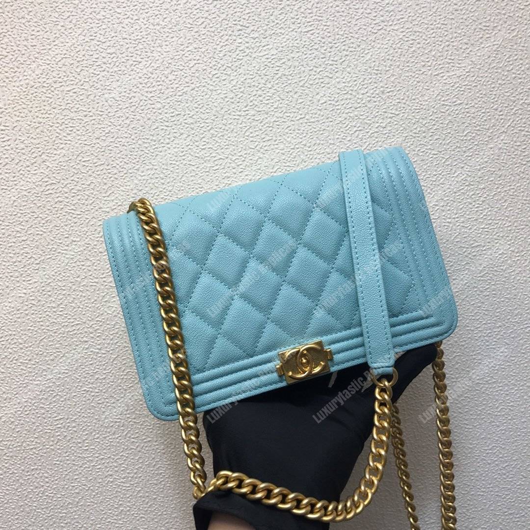 Ch*el le boy wallet on chain – woc grained calfskin gold-toned light blue
