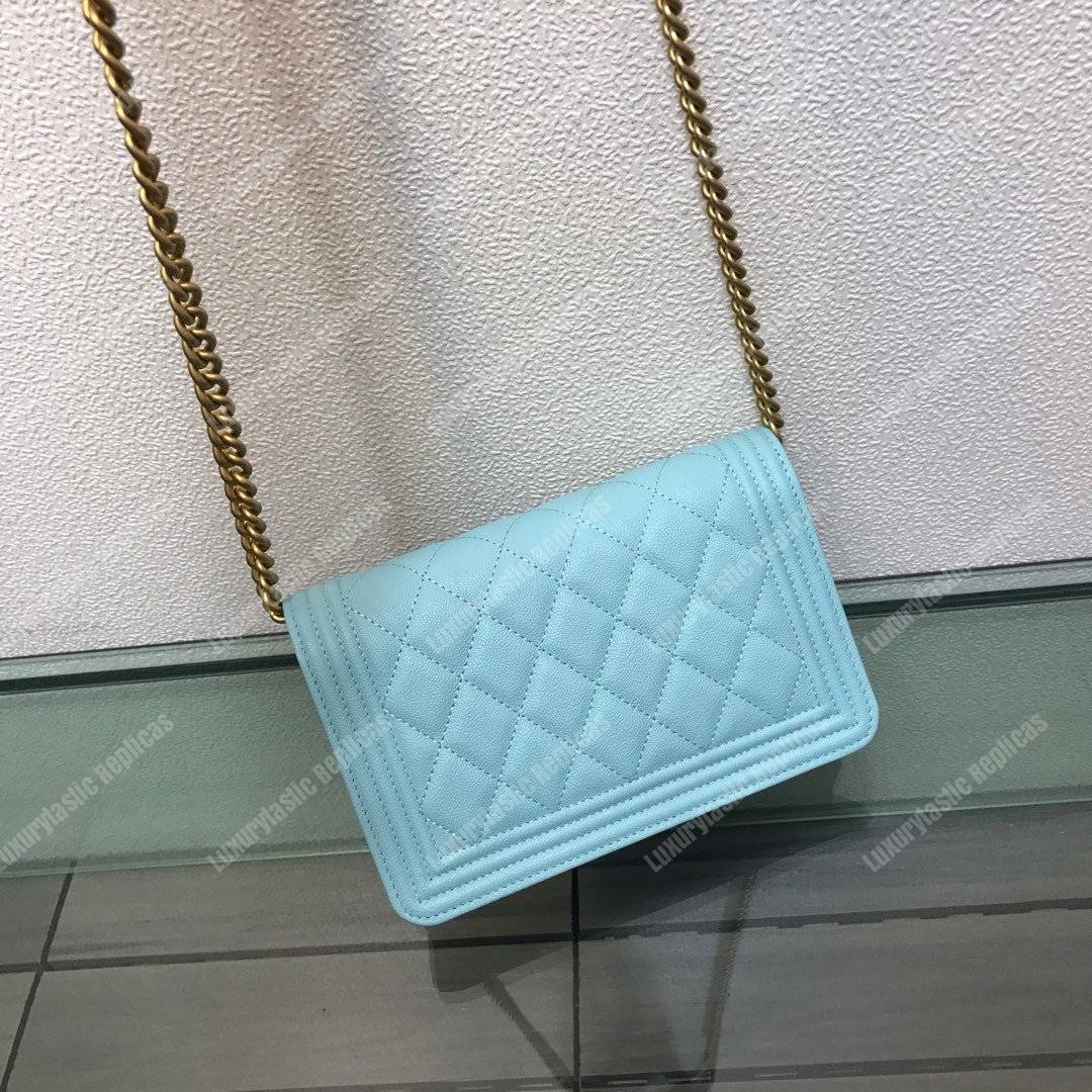 Ch*el le boy wallet on chain – woc grained calfskin gold-toned light blue