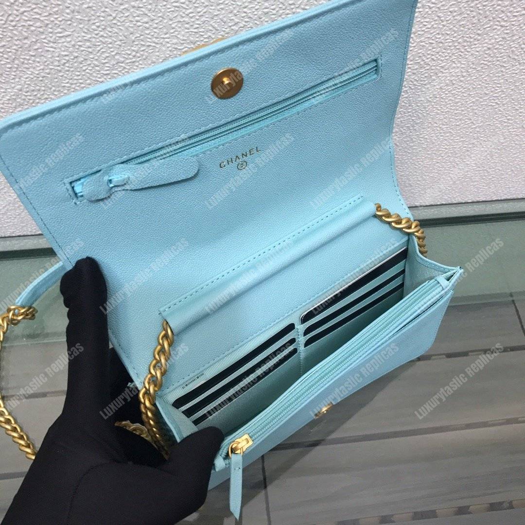 Ch*el le boy wallet on chain – woc grained calfskin gold-toned light blue