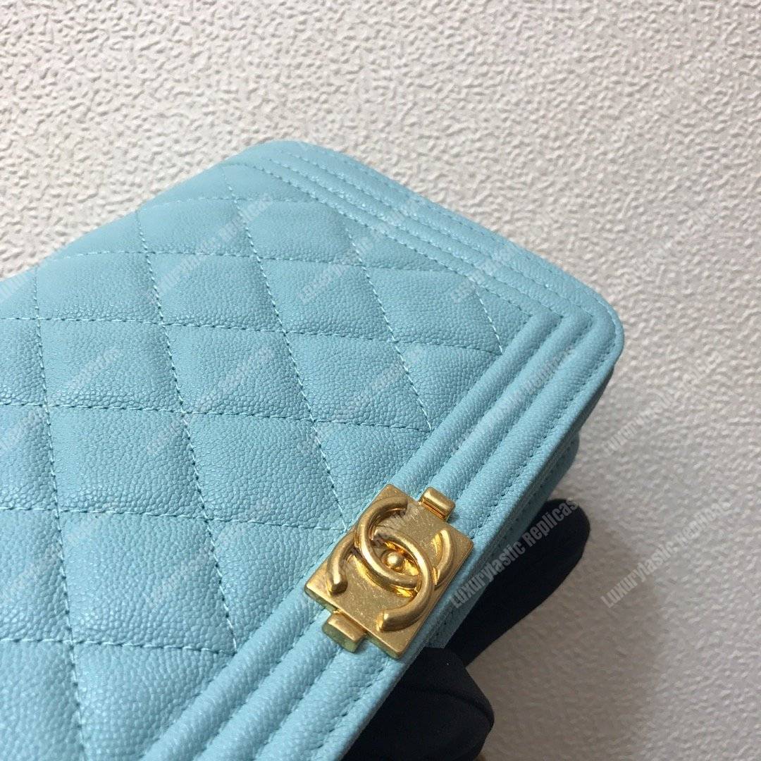 Ch*el le boy wallet on chain – woc grained calfskin gold-toned light blue