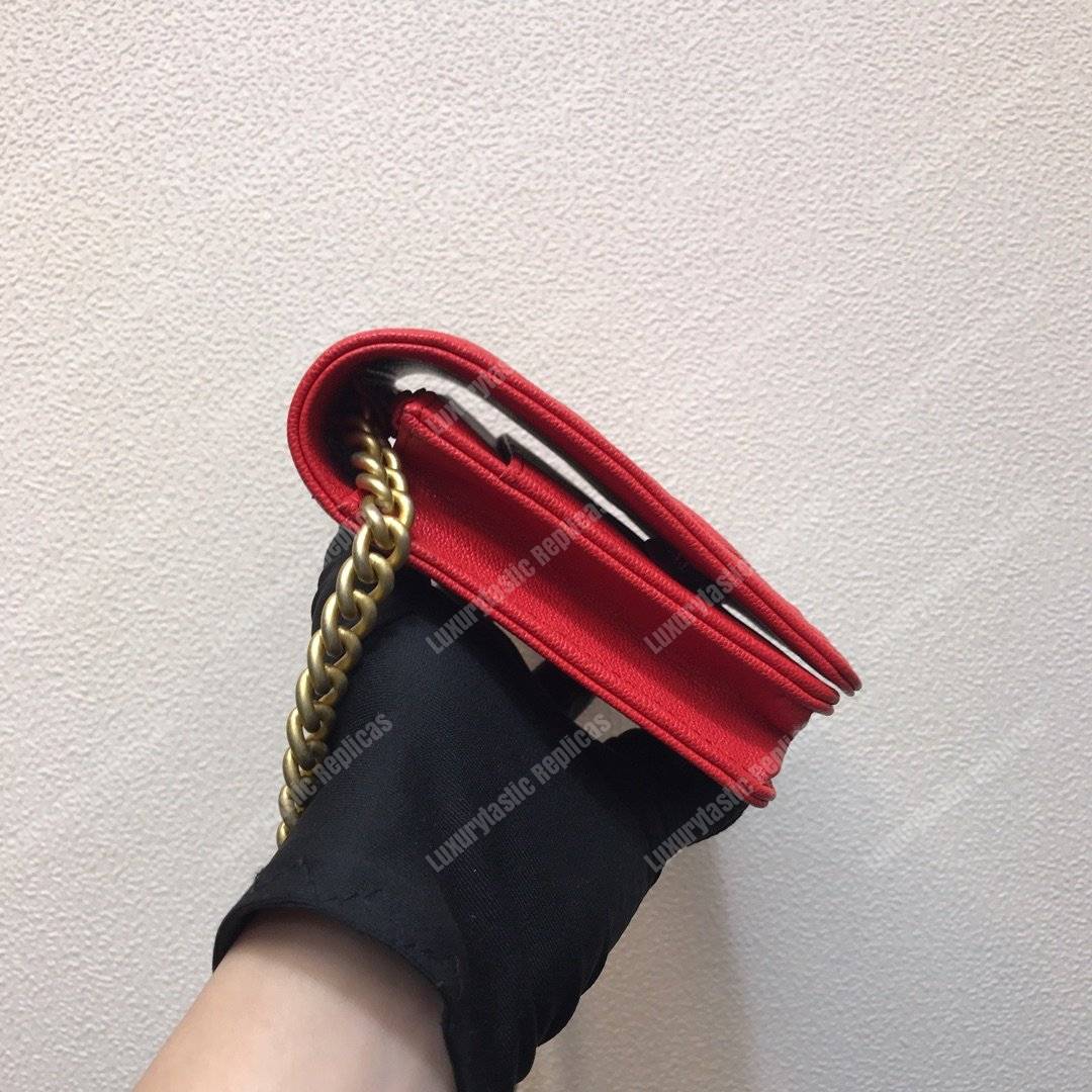 Ch*el le boy wallet on chain – woc grained calfskin gold-toned red