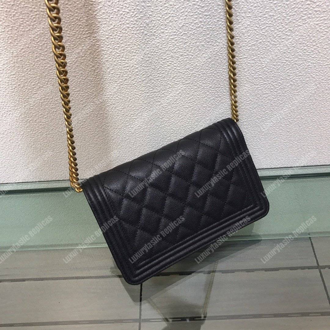 Ch*el le boy wallet on chain – woc grained calfskin gold-toned black