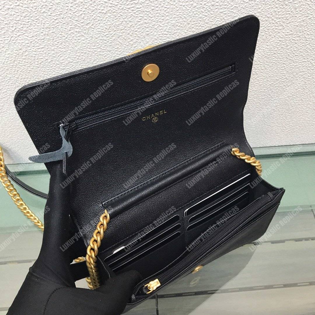 Ch*el le boy wallet on chain – woc grained calfskin gold-toned black