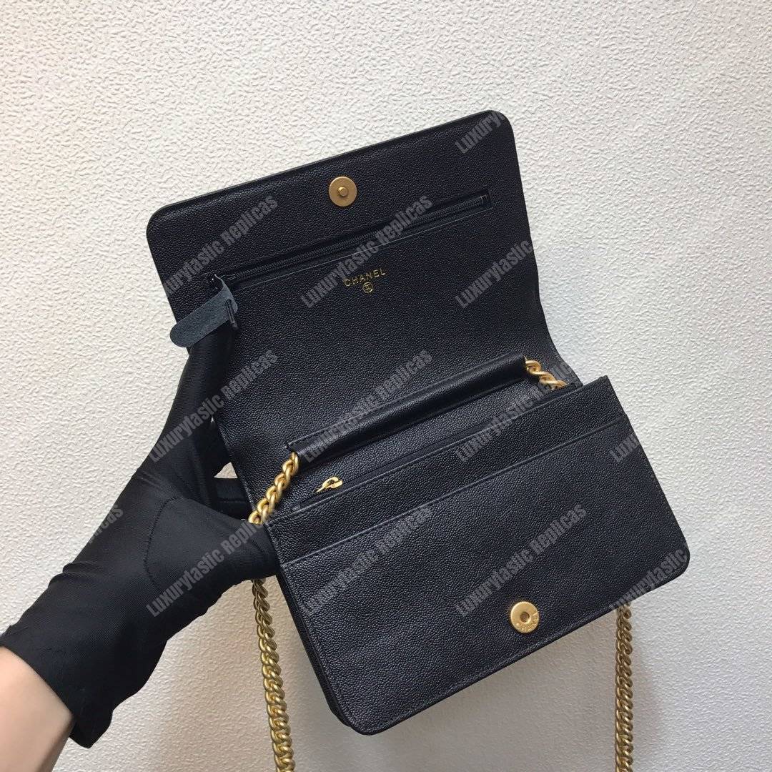 Ch*el le boy wallet on chain – woc grained calfskin gold-toned black