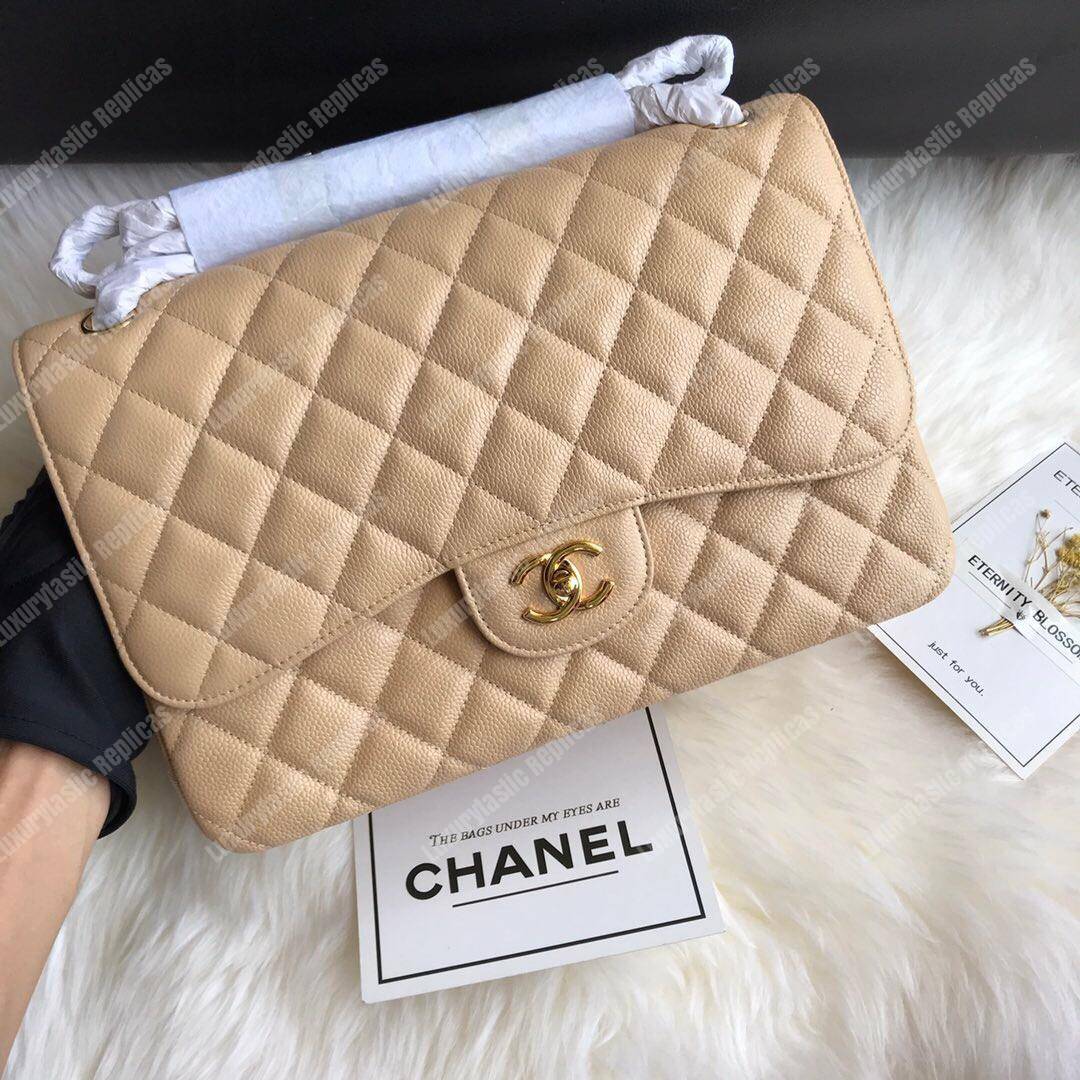 Ch*el large classic handbag beige