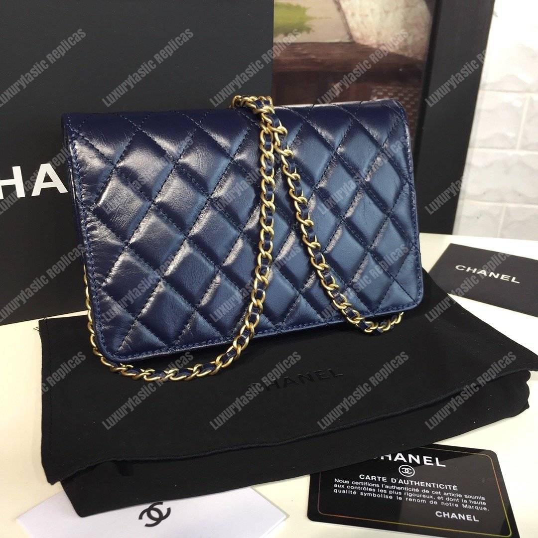 Ch*el wallet on chain – woc golden class calfskin dark blue