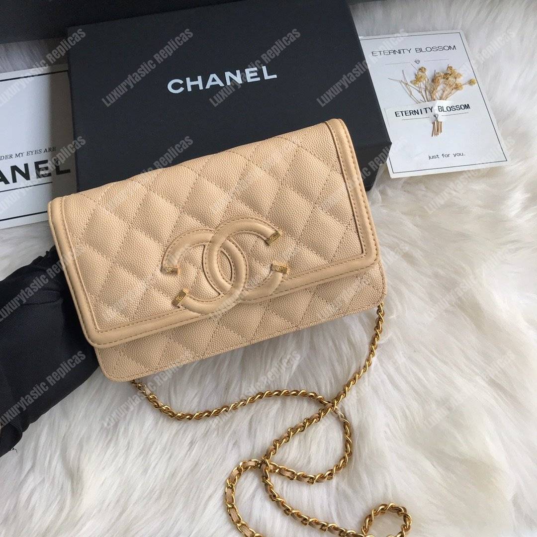 Ch*el wallet on chain – woc cc filigree beige grained calfskin